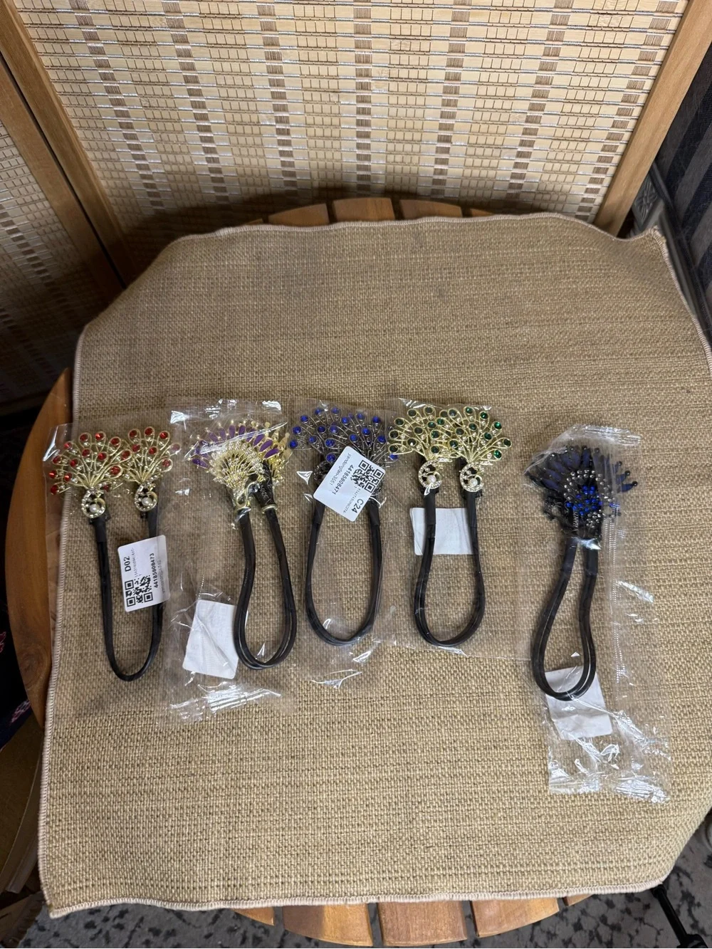 New***Jeweled Peacock Hair Tie - Gold with Multicolor Stones-set of 5